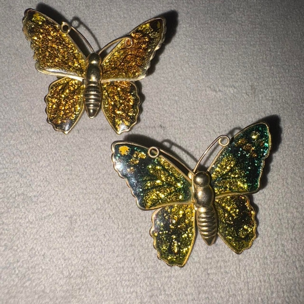 Pair of vintage gold clear butterfly brooches